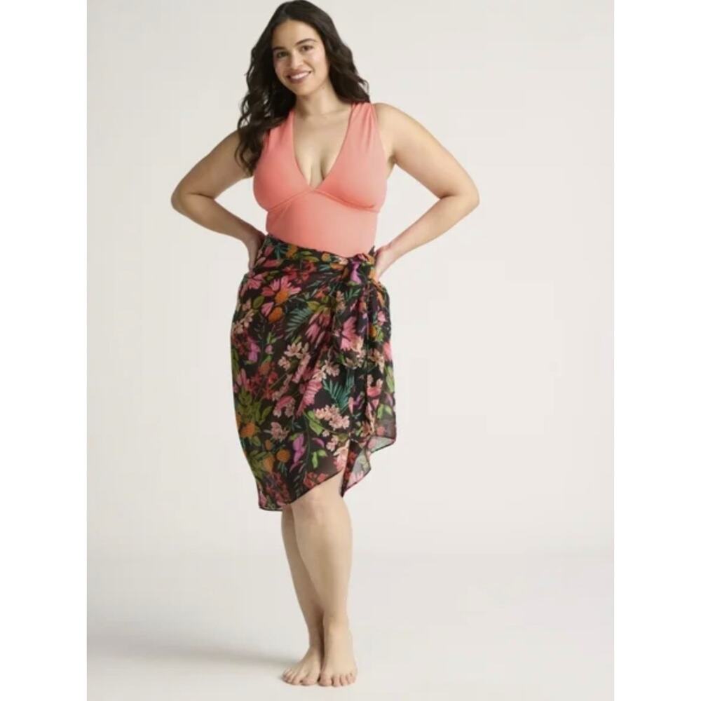 Time and Tru Plunge One Pc Swimsuit Pareo Cover Up Set Coral Sz 1x 16W-18W NEW